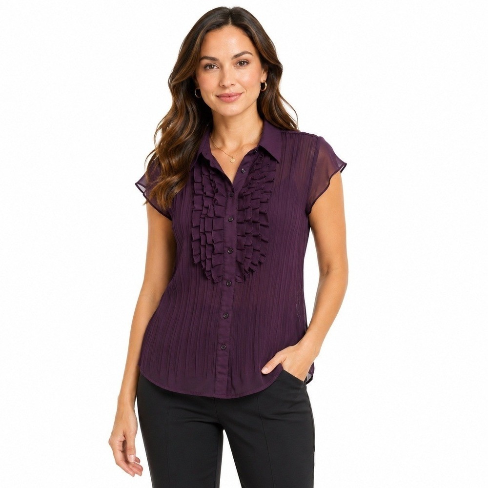 East 5th Blouse Womans M Petite Purple Ruffle Front Pleated Cap Sleeve Button Up